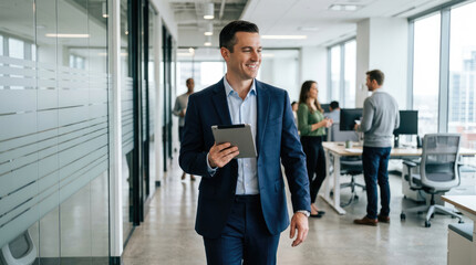 Fototapeta premium A smiling businessman walks through a modern office hallway, holding a tablet. He is wearing a blue suit and white shirt.