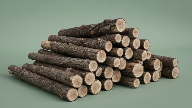 Stack of cut wooden logs isolated on a green background