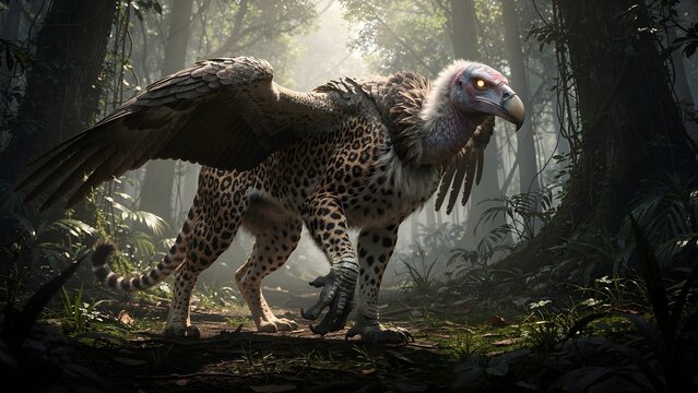 Mythical Leopard Vulture Chimera in Sunlit Jungle