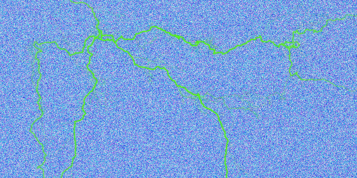 Abstract grainy blue background with green lightning veins. Textured static noise pattern. Digital glitch art aesthetic for web design.