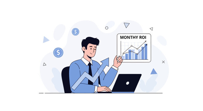 Businessman Analyzing Monthly ROI Graph with Laptop and Upward Arrow Trend
