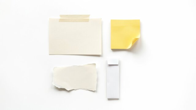 Set of blank paper notes and sticky note isolated on white background