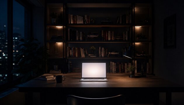 Laptop with blank screen on a desk in a dark home office