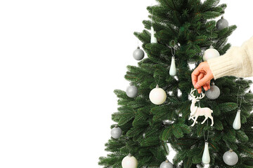 Fototapeta premium Christmas. Individual hangs a decoration on a beautifully adorned Christmas tree, PNG
