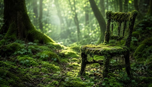 Moss covered chair in a lush enchanted forest