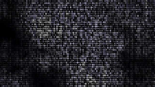 Abstract digital binary code matrix background with glowing white pixels and dark futuristic cyber security texture