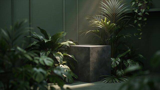 Minimalist dark stone podium display stand with tropical plants