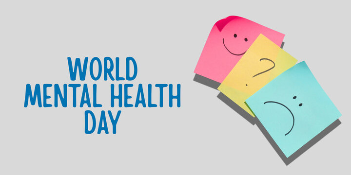 World Mental Health day. Colorful notes with faces promote mental health and support