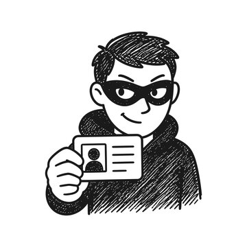 A black and white doodle illustration of a criminal wearing a mask and hoodie showing a stolen ID card representing identity theft and cyber crime