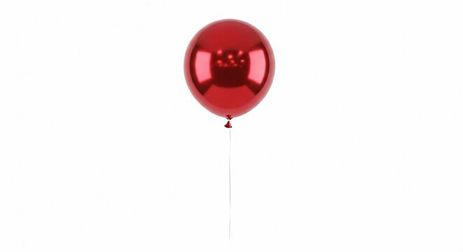 A single, reflective metallic red helium balloon with a thin string isolated against a clean background