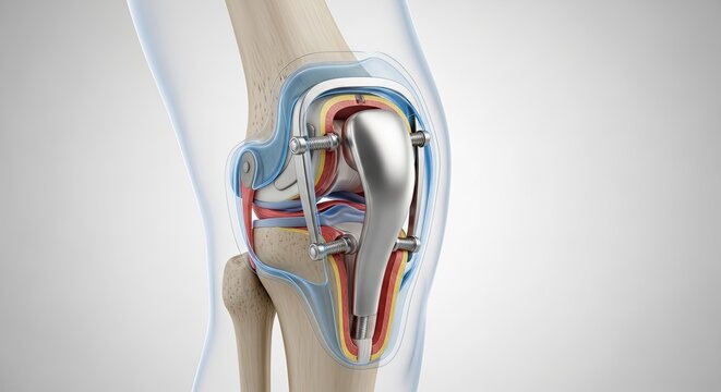 A digital illustration depicts a human knee undergoing total knee replacement surgery.