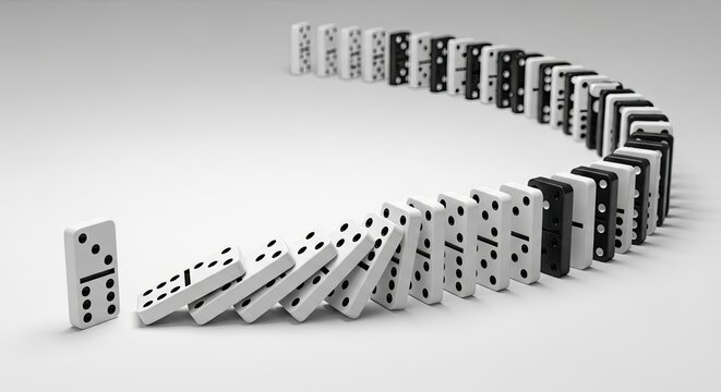A row of dominoes is arranged in a line, with the first domino falling and initiating a chain reaction. The dominoes are white and black, and they create a visually striking pattern of falling tiles.