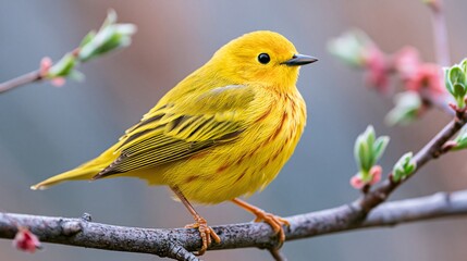 Obraz premium Yellow Warbler perched on budding branch, vibrant spring colors, natural closeup.