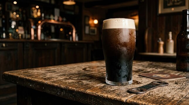 A dark beer, likely stout, sits in a clear glass on a weathered wooden bar top. The beer has a creamy, tan head.