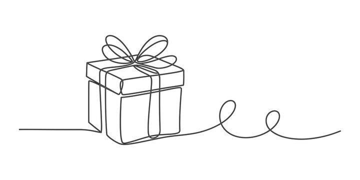 Gift box present with ribbon drawn in a single continuous line style