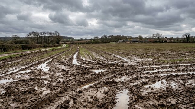 Heavy rain has transformed a plowed field into a muddy expanse. Deep ruts and puddles mark the path of vehicles.