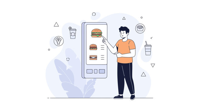 Man Ordering Fast Food on Digital Menu Screen - Vector Illustration