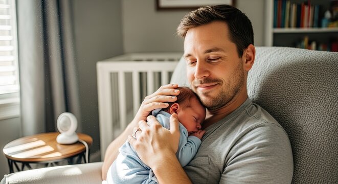 A man lovingly cradles his newborn baby. He sits in a comfortable armchair, holding the infant close to his chest.