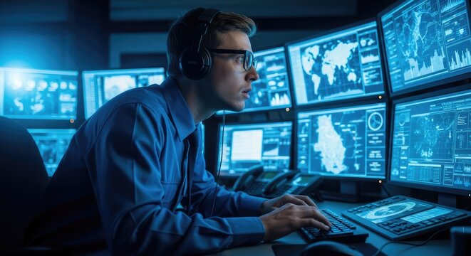 A focused man intently monitors multiple computer screens in a dimly lit control room. He wears glasses and a headset, concentrating on the data displayed across the monitors.