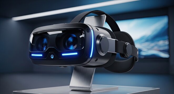 A sleek, black VR headset rests on a silver stand against a dark, blurred background. A large screen displays a scenic landscape, suggesting an immersive virtual experience.