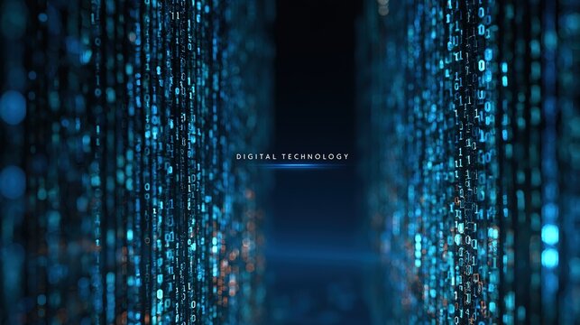 Wide‑aspect abstract digital illustration, deep dark blue background framed by glowing blue cyan binary digit columns, central dark gap displaying white "digital technology" text with soft blue underl