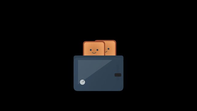 A cute cartoon toaster with two slices of bread featuring happy smiling faces.