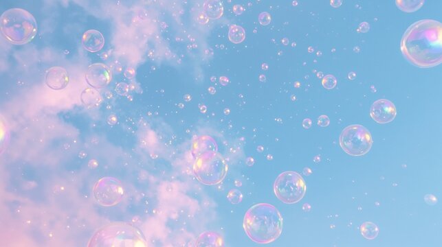 AI generative. Iridescent Soap Bubbles Floating in Pastel Blue Sky Background. 2