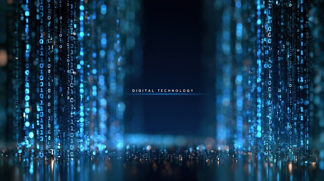 Wide‑aspect abstract digital illustration, deep dark blue background framed by glowing blue cyan binary digit columns, central dark gap displaying white "digital technology" text with soft blue underl