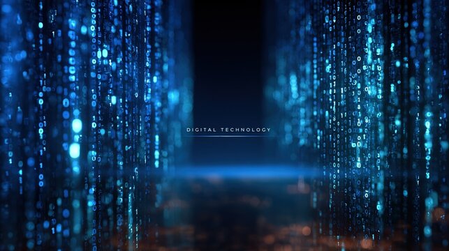 Wide‑aspect abstract digital illustration, deep dark blue background framed by glowing blue cyan binary digit columns, central dark gap displaying white "digital technology" text with soft blue underl