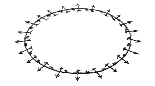 Decorative oval frame made of crossed black arrows border design element isolated on white background