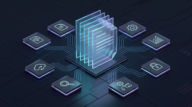 Transparent digital documents on circuit board with glowing network icons. Concept of cloud computing, database administration, and data management.