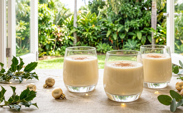 Three glasses of eggnog on a table in front of a tropical window