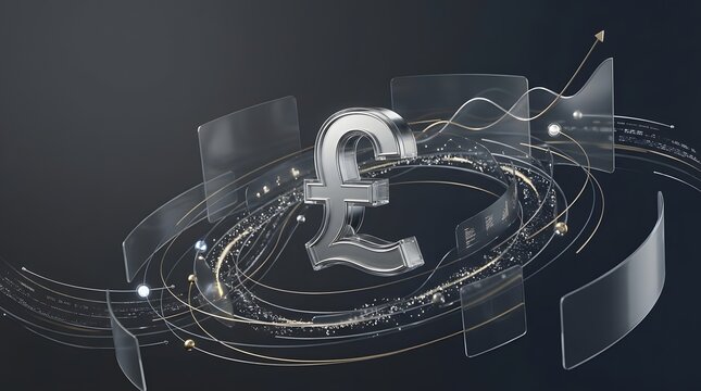Pound sterling symbol surrounded by charts, waveforms, arrows and economic icons, representing financial analytics, investment planning, market growth, banking and business strategy.