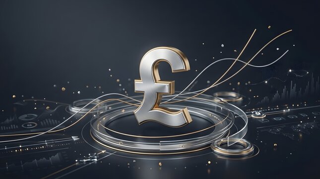 Silver pound sterling symbol surrounded by elegant financial curves and digital lines, representing modern banking, currency trading, investment, market dynamics and financial technology.