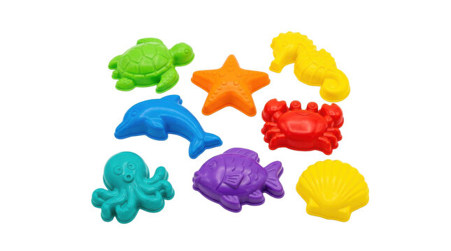 Set of colorful plastic sand molds in various sea creature shapes for beach play PNG Isolated on transparent background