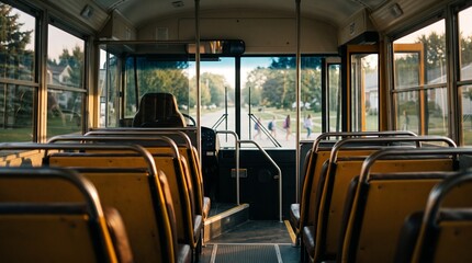 Fototapeta premium Empty School Bus Interior with Rows of Seats in Golden Sunlight Looking Out Through Windshield at Suburban Neighborhood Street During Morning Commute and Back to School Transit