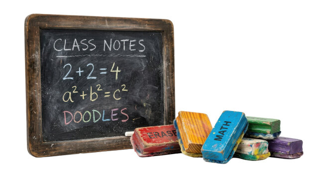 Chalkboard with math equations and colorful erasers for education and learning PNG Isolated on transparent background