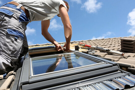 Roof window installer fitting skylight on tiled roof