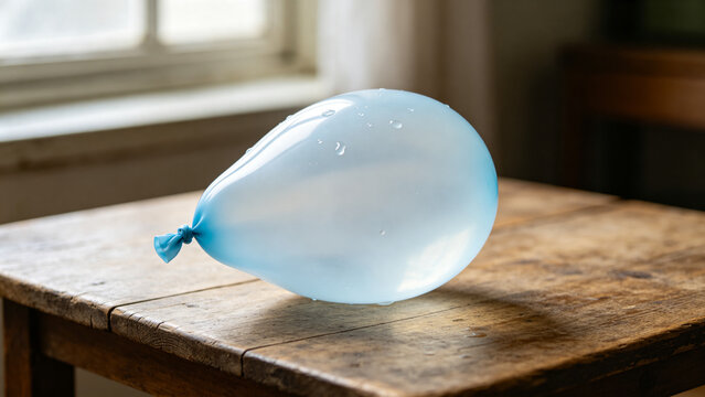 Overfilled translucent water balloon on wooden table, tension and fragility concept