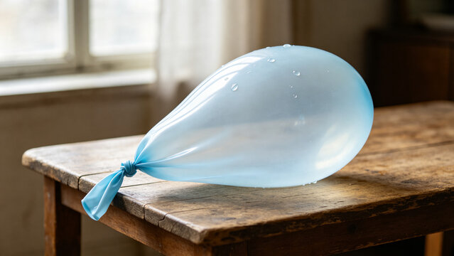 Overfilled translucent water balloon on wooden table, tension and fragility concept