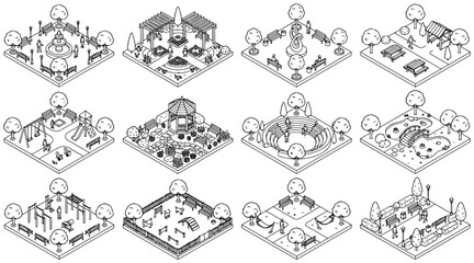 Fototapeta premium Set of isometric park and playground layouts in black and white line art
