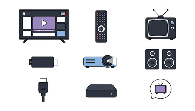 Home Entertainment and Television Hardware Vector Icon Set Featuring Smart TV, Remote Control, Retro Television, Streaming Dongle, Projector, Speakers, and HDMI Connection Symbols