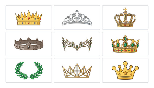 Royal Golden Crown and Tiara Vector Icon Set Featuring Luxury Tiaras, Laurel Wreath, Elven Headbands, Jeweled Coronets, and Medieval King Majesty Symbols