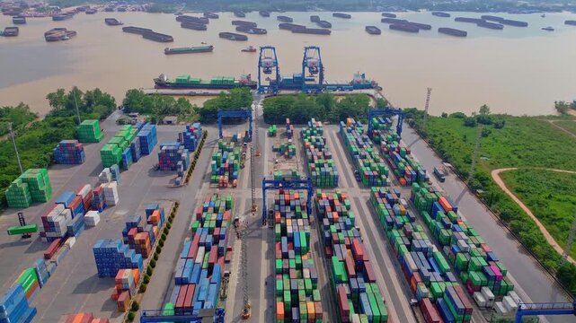 Aerial view of TPK Palaran container terminal with rows of colorful shipping containers, gantry cranes, and barges on the river Samarinda, East Kalimantan, Indonesia.