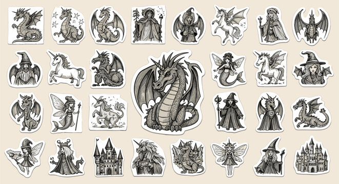 Fantasy mythical creature and character hand drawn sticker collection