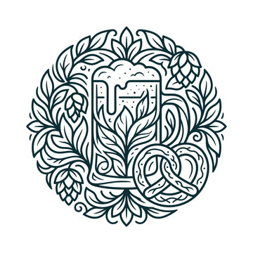 Beer Mug and Pretzel Floral Emblem Line Art