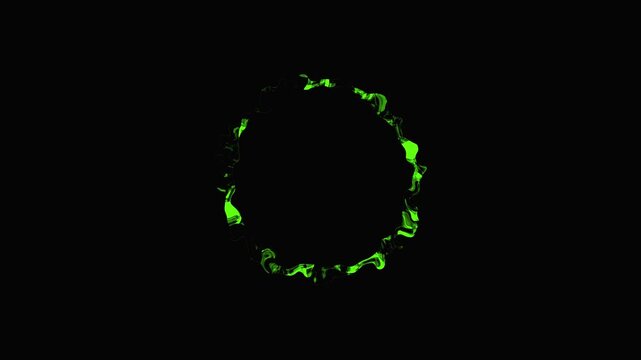Green glowing particles forming rings against black slow motion cinematic macro