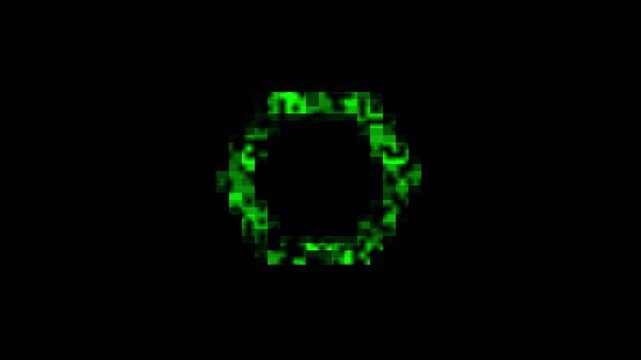 Hexagonal Green Particles Forming Abstract Geometric Pattern on Black Background