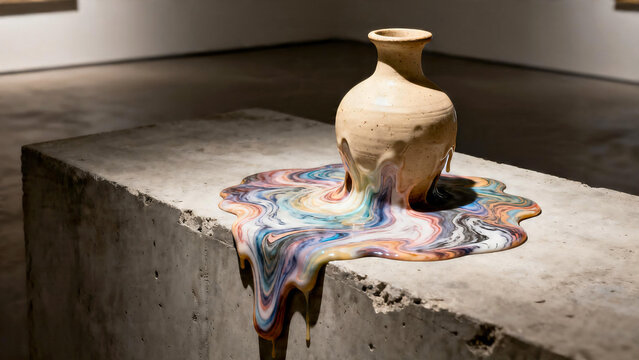  Conceptual surrealist melting ceramic vase on concrete