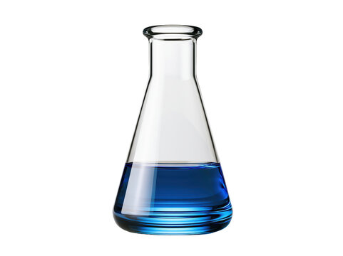 Erlenmeyer flask with blue liquid isolated on white background for science research.